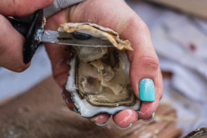 woman shucking oysters